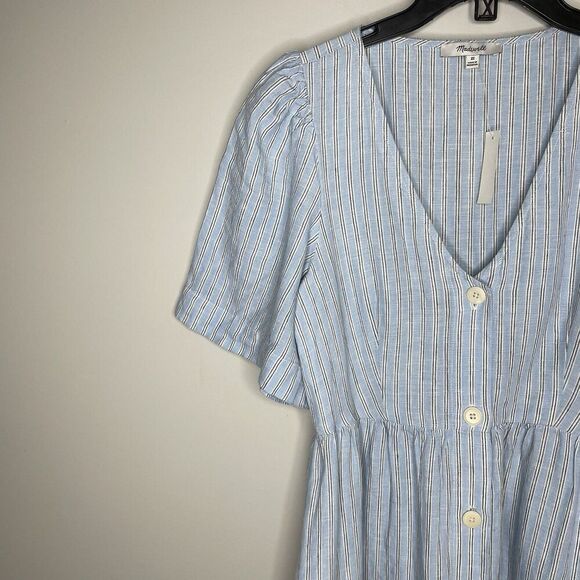 MADEWELL Linen Midi Dress Women XS Blue Stripe NEW Button Front Pockets NQ632 - Picture 5 of 16